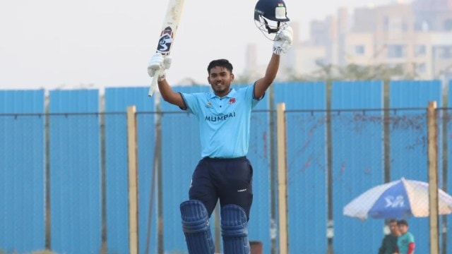 Ayush Mhatre celebrates his world-record breaking T20 century in Lucknow for Mumbai on Friday. (UPCA)