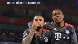 Bayern Munich's Arturo Vidal celebrates after their fifth goal in the second leg against Arsenal, which gave them a 10-1 aggregate lead in the Champions League clash. (Screengrab via YouTube)