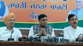 BJP state spokesperson S.S Channy, state vice-president Dr Subhash Sharma, state media advisor Vineet Joshi( left to right) addressing mediapersons at Chandigarh. (Express Photo)
