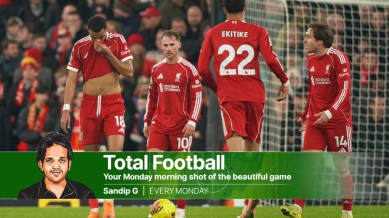 Liverpool's Cody Gakpo, Alexis Mac Allister, Hugo Ekitike, Federico Chiesa react after Nottingham Forest's Morgan Gibbs-White scored his side's third goal during the English Premier League soccer match between Liverpool and Nottingham Forest in Liverpool. (AP Photo)