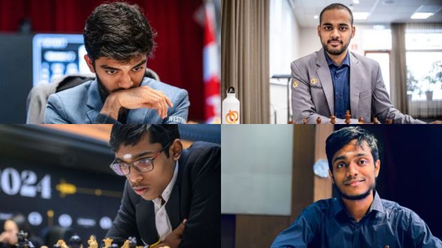 Clockwise: Indian GMs Gukesh, Arjun, Praggnanandhaa and Aravindh and 13 other Indians will be in action during FIDE Chess World Cup 2025 Round 2. (FILE PHOTO)