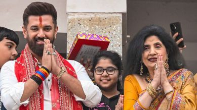 Patna: Union Minister and Lok Janshakti Party (Ram Vilas) chief Chirag Paswan with his mother Reena Paswan during celebrations after NDA's victory in Bihar Assembly elections, in Patna, Friday, Nov. 14, 2025. (PTI Photo)(PTI11_14_2025_000275B)
