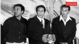 Dharmendra (center) with his sons Sunny Deol (left) and Bobby Deol (right)