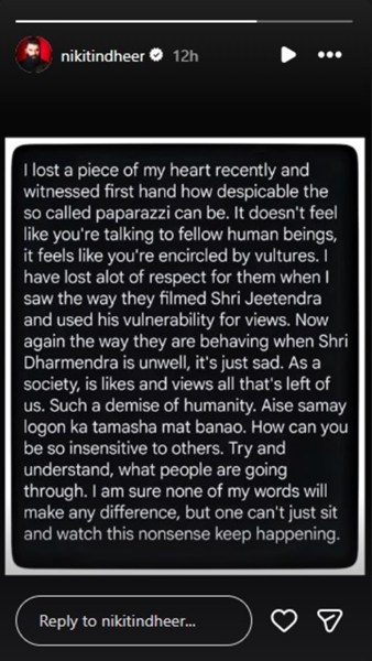 Nikitin Dheer shared this message on his Instagram Stories.