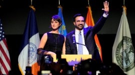 Mayor elect Zohran Mamdani, right, and his wife Rama Duwaji