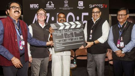 **EDS: THIRD PARTY IMAGE** In this image received on Nov. 21, 2025, Union Minister of State L Murugan during the 48-hour film challenge at the 56th International Film Festival of India (IFFI) , in Panaji, Goa. (PIB via PTI Photo)(PTI11_21_2025_000125B)