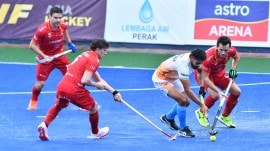 Indian Men's Hockey Team's goalscorer Abhishek fights for the ball with Belgium defenders at the Sultan Azlan Shah Cup 2025. (PHOTO: Hockey India)