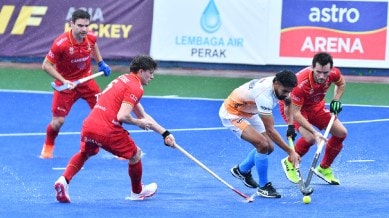 Indian Men's Hockey Team's goalscorer Abhishek fights for the ball with Belgium defenders at the Sultan Azlan Shah Cup 2025. (PHOTO: Hockey India)
