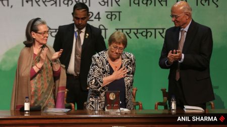 Congress Parliamentary Party chairperson Sonia Gandhi with Indira Gandhi Prize for Peace, Disarmament and Development for 2024 winner Michelle Bachelet (centre), the first and only woman President of Chile and former Chief of UN Human Rights. (Express Photo by Anil Sharma)