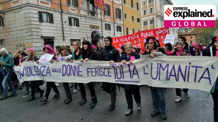 Italy femicide law: March of" Non Una Di Meno" (Not One Woman Less) on the occasion of the International Day for the Elimination of Violence Against Women in Rome in 2018.