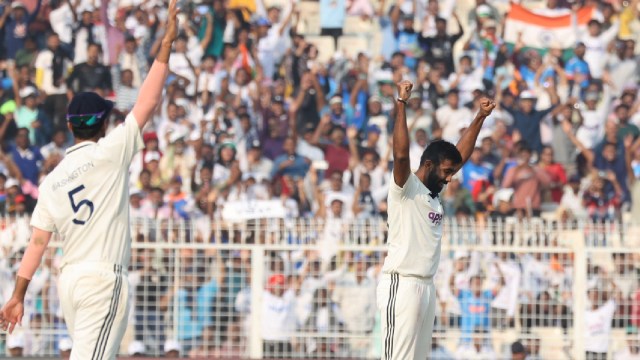India's Jasprit Bumrah celebrates a wicket against South Africa on Day 1 of the Kolkata Test at Eden Gardens. (Express Photo by Partha Paul)