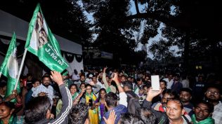 Ghatsila, Nov. 14 (ANI): JMM party workers celebrate the victory of JMM candidate Somesh Soren in the by-election to the Ghatsila assembly constituency, in Ghatsila on Friday. (ANI Photo)