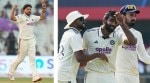 (RIGHT) Jasprit Bumrah, centre, celebrates the dismissal of Aiden Markram with teammates on the first day of the second India vs South Africa Test in Guwahati; (LEFT) Kuldeep Yadav celebrates the dismissal of South Africa's Marco Jansen. (AP Photo)