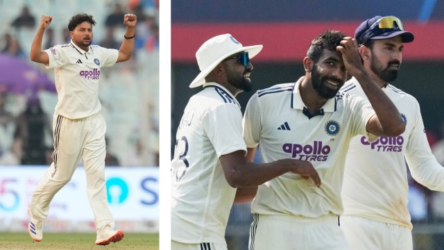 (RIGHT) Jasprit Bumrah, centre, celebrates the dismissal of Aiden Markram with teammates on the first day of the second India vs South Africa Test in Guwahati; (LEFT) Kuldeep Yadav celebrates the dismissal of South Africa's Marco Jansen. (AP Photo)