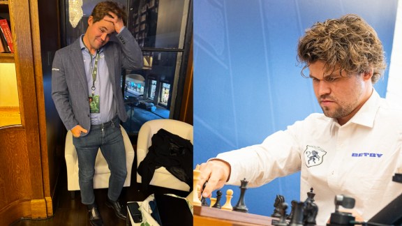 (LEFT) Magnus Carlsen sporting jeans during last year's FIDE World and Blitz Championship; (RIGHT) Carlsen's jacket with the Betby logo. Betby calls itself a B2B provider of top-tier sports betting services. (Photos: Carlsen x, Lennart Ootes via St Louis Chess Club)