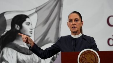 Mexican President Claudia Sheinbaum gives a morning press conference at the National Palace in Mexico City,