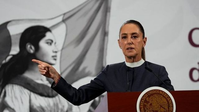 Mexican President Claudia Sheinbaum gives a morning press conference at the National Palace in Mexico City,