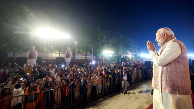 New Delhi, Nov 15 (ANI): Prime Minister Narendra Modi greets as he celebrates victory with BJP supporters after the National Democratic Alliance (NDA) massive win in the Bihar Assembly election 2025, in New Delhi on Friday. (Narendra Modi Photo Gallery/ANI Photo)