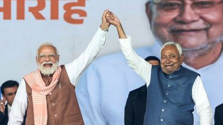 Modi capped the swearing-in by bowing to the audience thrice and waving his gamchha. The victory, with NDA’s 202 seats, marks Nitish’s second-best show – after the 206 seats during the 2010 polls.