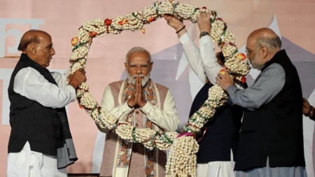 Prime Minister Narendra Modi addresses BJP workers at party HQ after NDA's victory in Bihar.