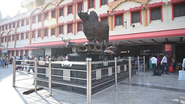 Statue of Nandi at the Varanasi railway station. (Express Photo)