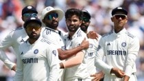 Nitish Kumar Reddy, center, celebrates with India teammates after the dismissal of England's Zak Crawley during the fourth day of the third IND vs ENG cricket Test match at Lord's cricket ground in London.(AP Photo)