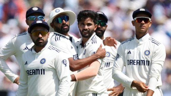 Nitish Kumar Reddy, center, celebrates with India teammates after the dismissal of England's Zak Crawley during the fourth day of the third IND vs ENG cricket Test match at Lord's cricket ground in London.(AP Photo)