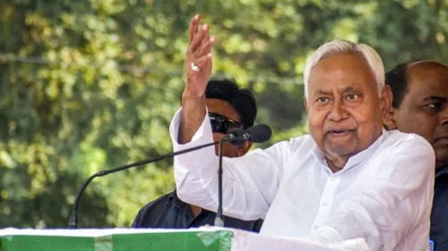 **EDS: FILE IMAGE** In this Nov. 9, 2025 file photo, Bihar CM Nitish Kumar addresses a rally during state Assembly elections, at Bhabhua in Kaimur. The NDA, including JD(U), swept the Bihar assembly elections with a landslide win, securing over 200 of the 243 seats and paving the way for Nitish Kumar's return as Chief Minister. (PTI Photo)(PTI11_14_2025_000426B)