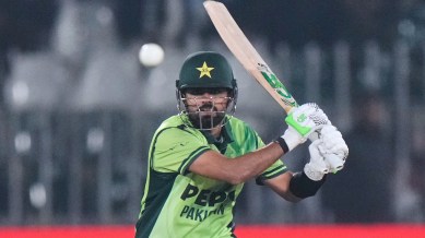 Pakistan's Babar Azam plays a shot during the second one day international cricket match between Pakistan and Sri Lanka, in Rawalpindi, Pakistan, Friday, Nov. 14, 2025. (AP Photo)