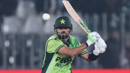 Pakistan's Babar Azam plays a shot during the second one day international cricket match between Pakistan and Sri Lanka, in Rawalpindi, Pakistan, Friday, Nov. 14, 2025. (AP Photo)