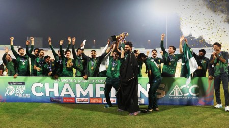 Players of the Pakistan Shaheens team celebrate their victory in the Rising Stars Asia Cup 2025 final over Bangladesh A. (PHOTO: ACC Media via X)