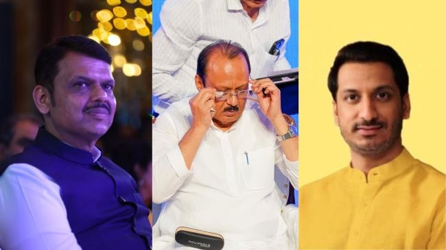 Maharashtra CM Devendra Fadnavis (left) has ordered a probe into the alleged undervalued sale of 40 acres of Pune land to Parth Pawar’s firm, the son of Dy CM Ajit Pawar (centre).