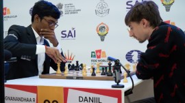 India's R Praggnanandhaa reacts during the game against Daniil Dubov in the tiebreaks of the FIDE World Cup in Goa. (Photo: Eteri Kublashvili via FIDE)