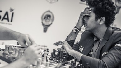 Junior world champion Pranav Venkatesh reacts after resigning in the second game of the fourth round at the FIDE World Cup in Goa. (PHOTO: FIDE via Michal Walusza)