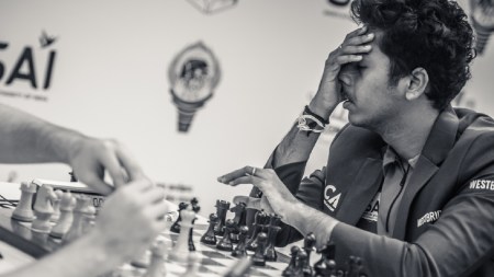 Junior world champion Pranav Venkatesh reacts after resigning in the second game of the fourth round at the FIDE World Cup in Goa. (PHOTO: FIDE via Michal Walusza)