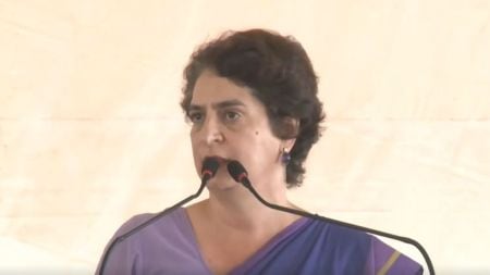 Congress leader Priyanka Gandhi speaking at a rally in East Champaran.
