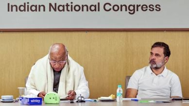 **EDS: THIRD PARTY IMAGE** In this image received on Nov. 18, 2025, Congress President Mallikarjun Kharge and Leader of Opposition in the Lok Sabha Rahul Gandhi during a meeting with senior Congress leaders from 12 states and union territories where the Special Intensive Revision (SIR) of electoral rolls is underway, in New Delhi. (AICC via PTI Photo)(PTI11_18_2025_000194B)