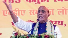 Union Defence Minister Rajnath Singh speaks during a public rally