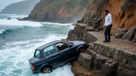 The car broke through the roadside railing and fell into the sea and the driver was rescued by Maharashtra Security Forces (MSF) , the civic officials said.
