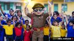 Singam mascot with students during a fun fair organised by Bharat Scout and guide on the eve of Children’s day. Express photographs by Arul Horizon. 13/11/25, Pune.