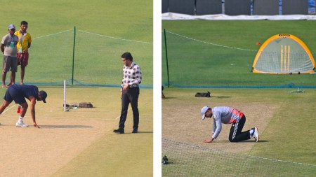R Ashwin on Eden Gardens pitch: (LEFT) South Africa captain Temba Bavuma and Sourav Ganguly inspect the Eden Gardens pitch before the start of the Kolkata Test; (RIGHT) India skipper Shubman Gill takes a closer look at the 22-yard strip. (Express photos by Partha Paul)