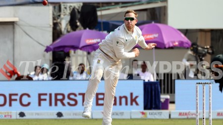 South Africa off-spinner Simon Harmer in action in the Kolkata Test against India at Eden Gardens. (Express Photo by Partha Paul)