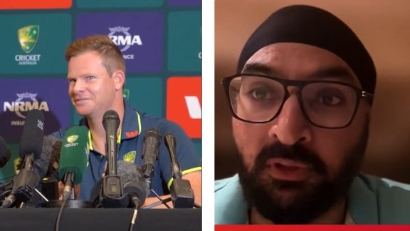 Australia's stand-in captain Steve Smith (left) and former England spinner Monty Panesar. (Screengrabs via X)