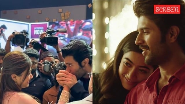 Vijay Deverakonda kisses Rashmika Mandanna's hand.