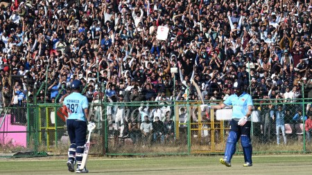 Rohit Sharma acknowledges his milestone during Vijay Hazare match against Sikkim in Jaipur. (Express Photo by Rohit Paras Jain)