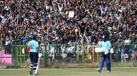 Rohit Sharma acknowledges his milestone during Vijay Hazare match against Sikkim in Jaipur. (Express Photo by Rohit Paras Jain)