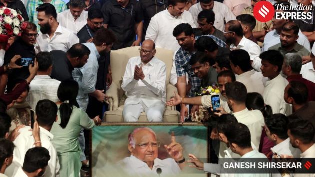 Supporters and NCP office-bearers greet Pawar as he interacts with well-wishers