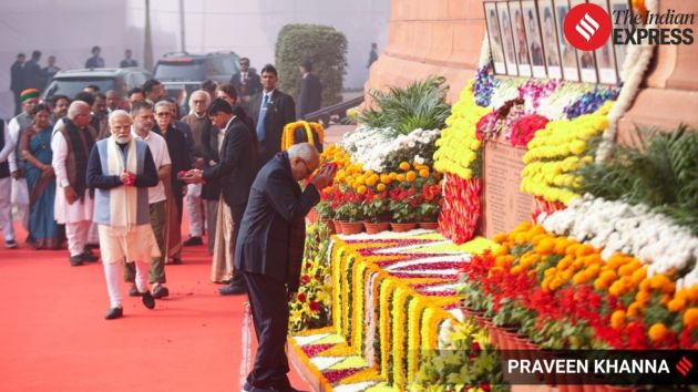 Vice President C. P. Radhakrishnan leads parliamentarians in paying floral tributes to those who lost their lives while foiling the 2001 terrorist attack on Parliament House