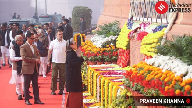 Sonia Gandhi, senior Congress leader, attends the tribute ceremony and offers floral homage to the martyrs of the 2001 Parliament terror attack