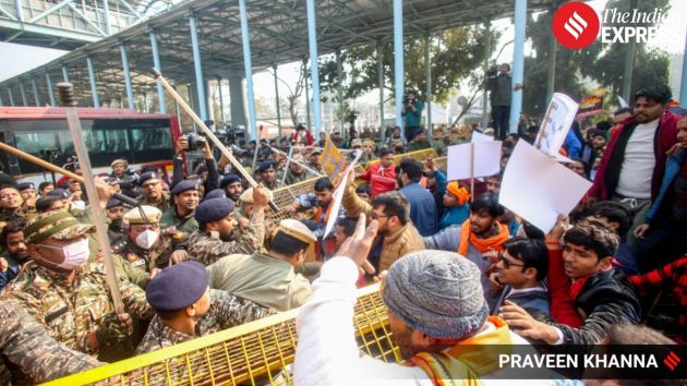 Police resorted to lathi-charge to disperse the crowd after barricades were breached